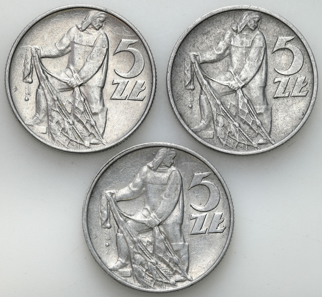 PRL. 5 złotych 1974 Rybak – SKRĘTKI – DESTRUKTY, zestaw 3 sztuk